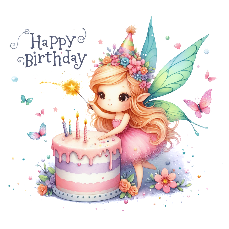 A whimsical fairy in a festive pink dress celebrates a birthday with a colorful cake, sparkling candles, and vibrant butterflies.DTF Transfers