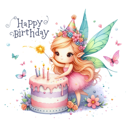 A whimsical fairy in a festive pink dress celebrates a birthday with a colorful cake, sparkling candles, and vibrant butterflies.DTF Transfers