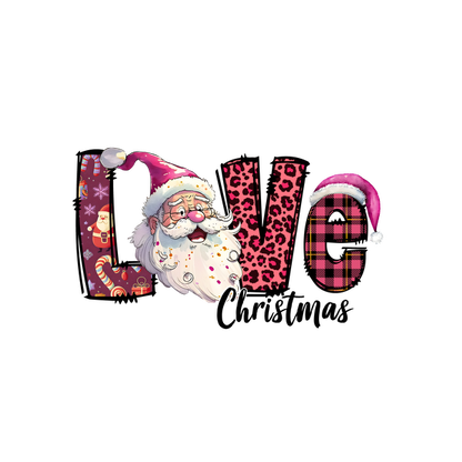 A festive and playful design featuring the word "LOVE" with Santa and vibrant patterns. Perfect for holiday cheer!dtf regular iron