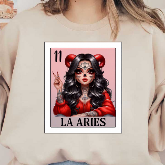 A bold illustration of a tattooed woman with ram horns, wearing a red top, representing the Aries zodiac sign. dtf prints