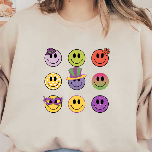 A colorful collection of smiley face stickers featuring various designs, including hats, flowers, and unique patterns, perfect for decoration!DTF Transfers