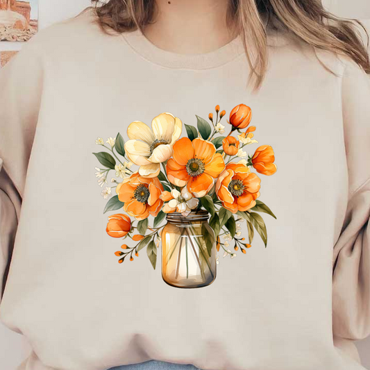 A beautiful arrangement of orange and white flowers in a glass jar, surrounded by lush green leaves and delicate blossoms. heat press transfers