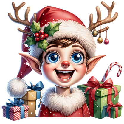 A cheerful elf with a Santa hat and reindeer antlers smiles among colorful presents and holiday decorations.DTF Transfers dtf transfers