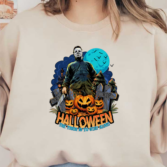 A bold Halloween-themed graphic featuring a masked figure with a knife, surrounded by carved pumpkins and gravestones. dtf prints