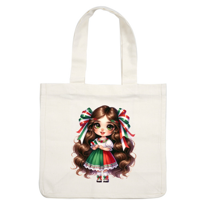 A charming girl in a traditional Mexican dress, featuring green and red colors, with festive ribbons and big expressive eyes. heat press transfers