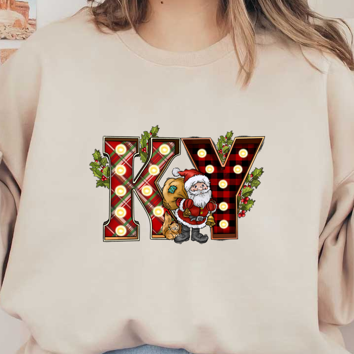 A festive design featuring "KY" in plaid patterns, adorned with holly, and a cheerful Santa holding a sack and a cat.DTF Transfers heat press transfersdtf regular iron