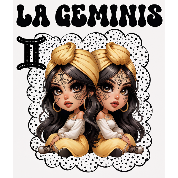 Una vibrante ilustración de los personajes gemelos, "La Geminis", con elegantes atuendos con diseños intrincados y pañuelos dorados para la cabeza.