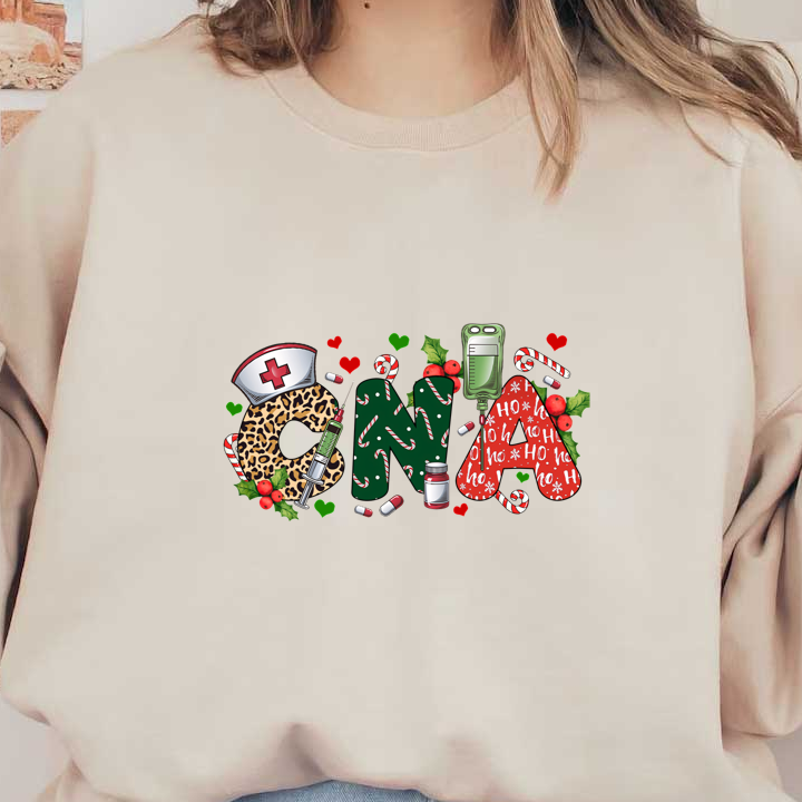 A vibrant holiday-themed design featuring the letters "CNA" adorned with festive elements like candy canes and a nurse's cap.DTF Transfers