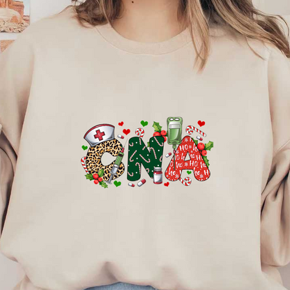 A vibrant holiday-themed design featuring the letters "CNA" adorned with festive elements like candy canes and a nurse's cap.DTF Transfers