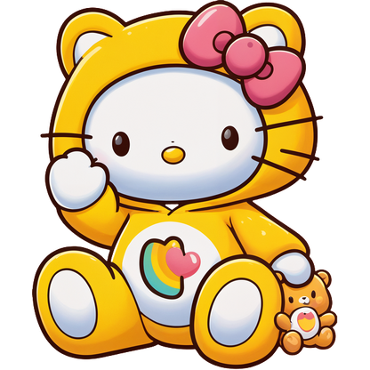 This adorable character features a yellow cat-like design, complete with a pink bow and a colorful heart design on its belly.DTF Transfers