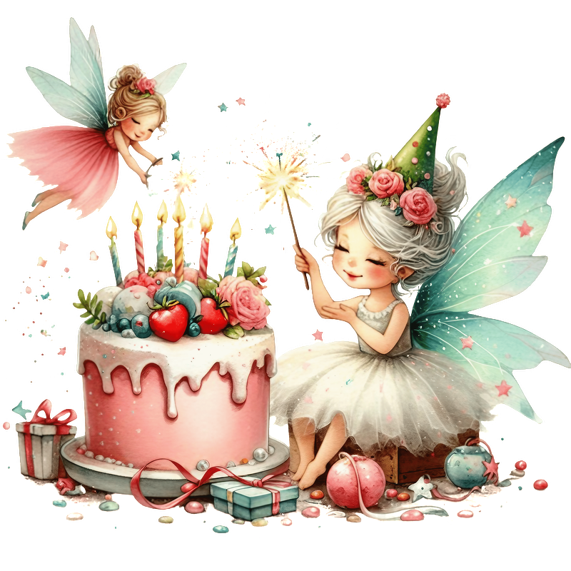 Whimsical illustration of two fairies celebrating a birthday with a beautifully decorated pink cake and festive decorations.DTF Transfers