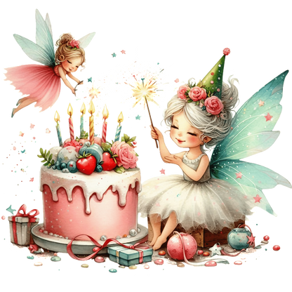 Whimsical illustration of two fairies celebrating a birthday with a beautifully decorated pink cake and festive decorations.DTF Transfers