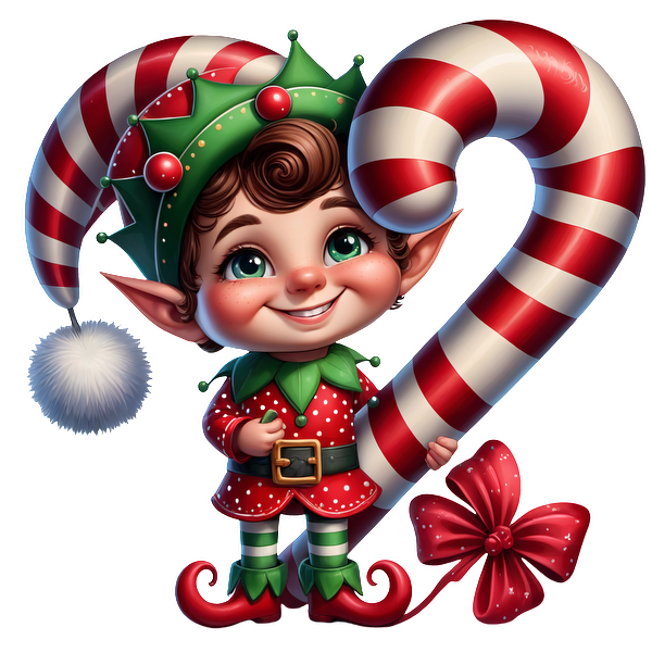 A cheerful cartoon elf in festive attire, holding a large striped candy cane, spreads holiday joy with a big smile.DTF Transfers heat press transfers