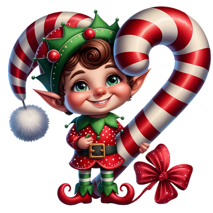 A cheerful cartoon elf in festive attire, holding a large striped candy cane, spreads holiday joy with a big smile.DTF Transfers heat press transfers