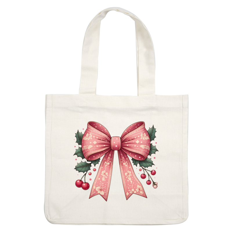 A charming pink decorative bow adorned with floral patterns and accompanied by holly leaves and berries, perfect for festive occasions. dtf transfers