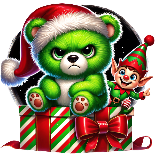 A grumpy green bear wearing a Santa hat sits on a festive gift, accompanied by a cheerful elf in a holiday outfit.DTF Transfers dtf prints