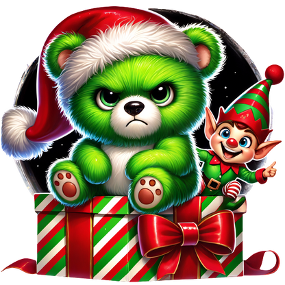 A grumpy green bear wearing a Santa hat sits on a festive gift, accompanied by a cheerful elf in a holiday outfit.DTF Transfers dtf prints