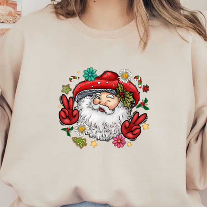 A whimsical Santa with a mushroom hat, winking and surrounded by festive flowers, candy canes, and holiday decorations.DTF Transfers dtf transfers