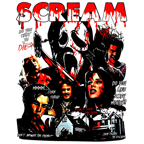 A bold and graphic tribute to the classic horror film "Scream," featuring iconic imagery and chilling quotes from the movie.DTF Transfers dtf prints