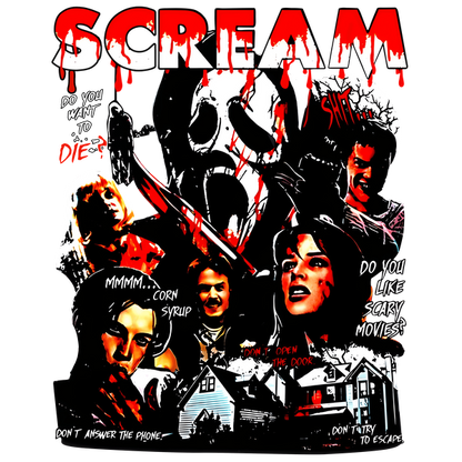 A bold and graphic tribute to the classic horror film "Scream," featuring iconic imagery and chilling quotes from the movie.DTF Transfers dtf prints