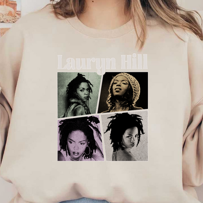 Un elegante collage de Lauryn Hill que muestra sus icónicas rastas y diversos looks a lo largo de su carrera. Transferencias DTF
