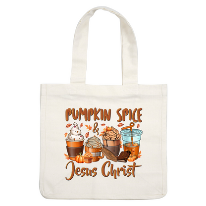 A whimsical illustration featuring various pumpkin spice treats, including cups of coffee, desserts, and symbols of faith. dtf prints