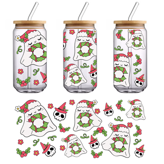 Celebrate the season with this whimsical pattern featuring cute ghosts, skulls, and festive holly, perfect for Halloween and Christmas!UV Transfers dtf transfers