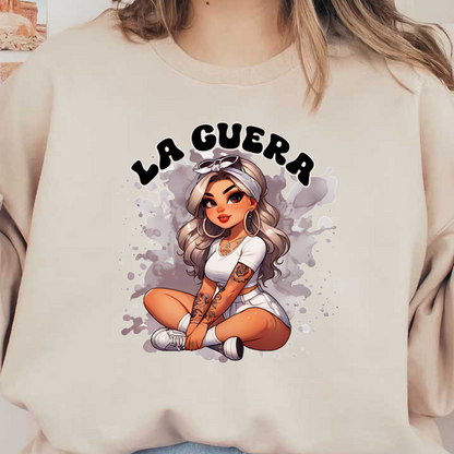 Una elegante chica de dibujos animados con cabello largo y ondulado, vestida con un traje blanco y tatuajes, acompañada del texto "LA GUERRA".