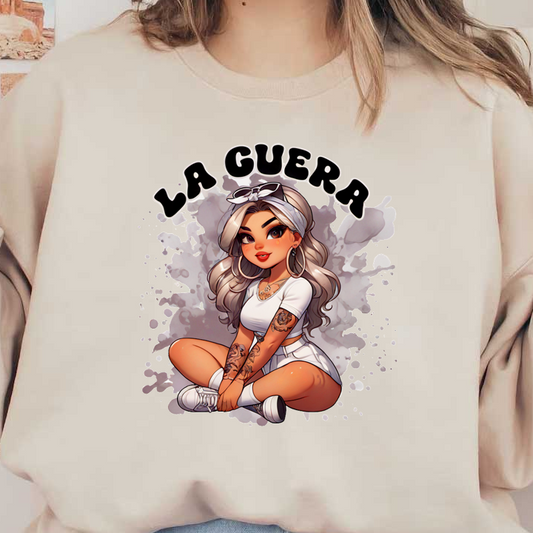 Una elegante chica de dibujos animados con cabello largo y ondulado, vestida con un traje blanco y tatuajes, acompañada del texto "LA GUERRA".