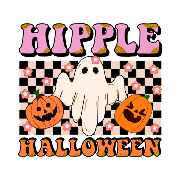 A playful Halloween graphic featuring a friendly ghost, smiling pumpkins, and vibrant text, perfect for festive décor or apparel. heat press transfers