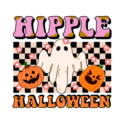 A playful Halloween graphic featuring a friendly ghost, smiling pumpkins, and vibrant text, perfect for festive décor or apparel. heat press transfers