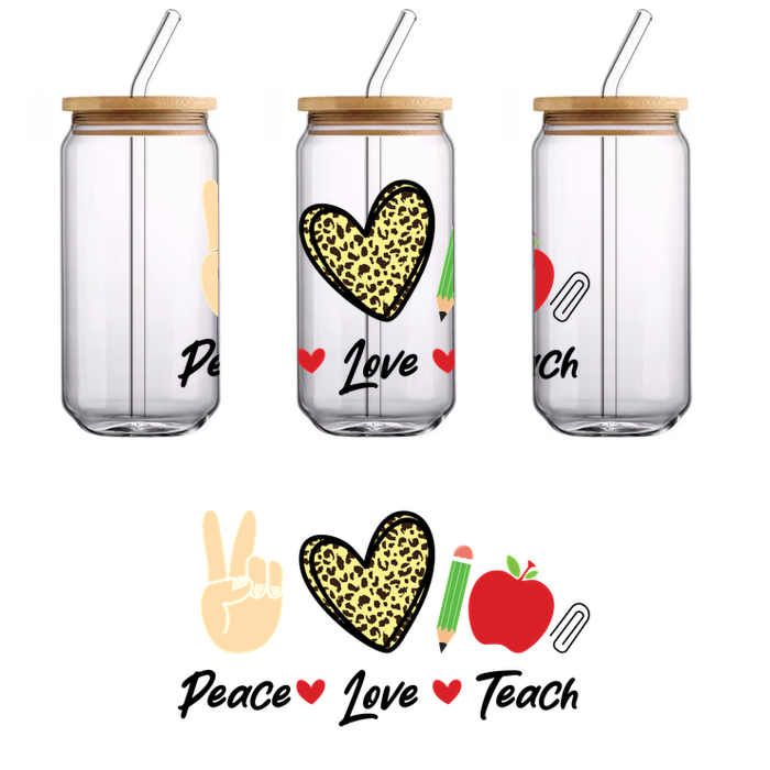 A fun illustration featuring a peace sign, a leopard print heart, a green and pink pencil, and a red apple.UV Transfers dtf transfers