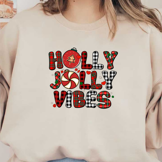 Celebrate the holiday season with this vibrant "Holly Jolly Vibes" design featuring festive colors and playful elements!dtf regular iron