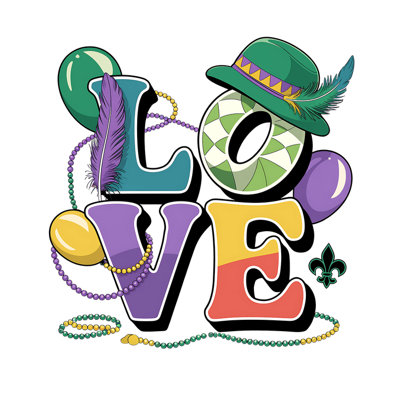 Celebrate love with a vibrant and festive design featuring colorful letters, beads, a feather, and a stylish hat!DTF Transfers