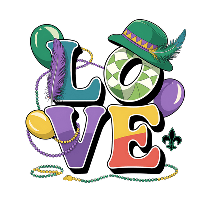 Celebrate love with a vibrant and festive design featuring colorful letters, beads, a feather, and a stylish hat!DTF Transfers