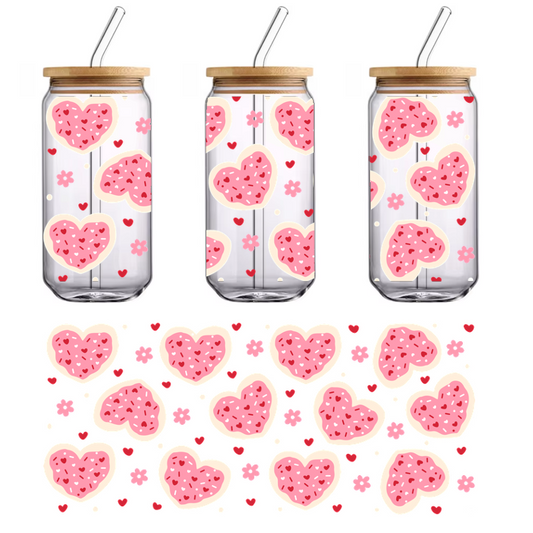 Pink heart patterned decorative wallpaper with flower designs.UV Transfers