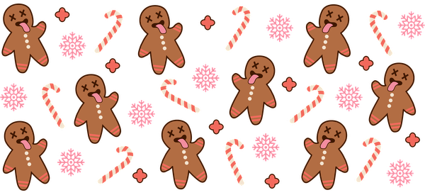 A playful holiday pattern featuring cute gingerbread men, candy canes, and pink snowflakes against a black background.UV Transfers dtf prints