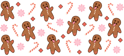 A playful holiday pattern featuring cute gingerbread men, candy canes, and pink snowflakes against a black background.UV Transfers dtf prints