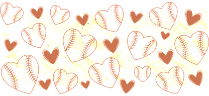 A playful pattern featuring baseball-themed hearts in soft colors, perfect for sports lovers with a touch of charm.UV Transfers dtf prints