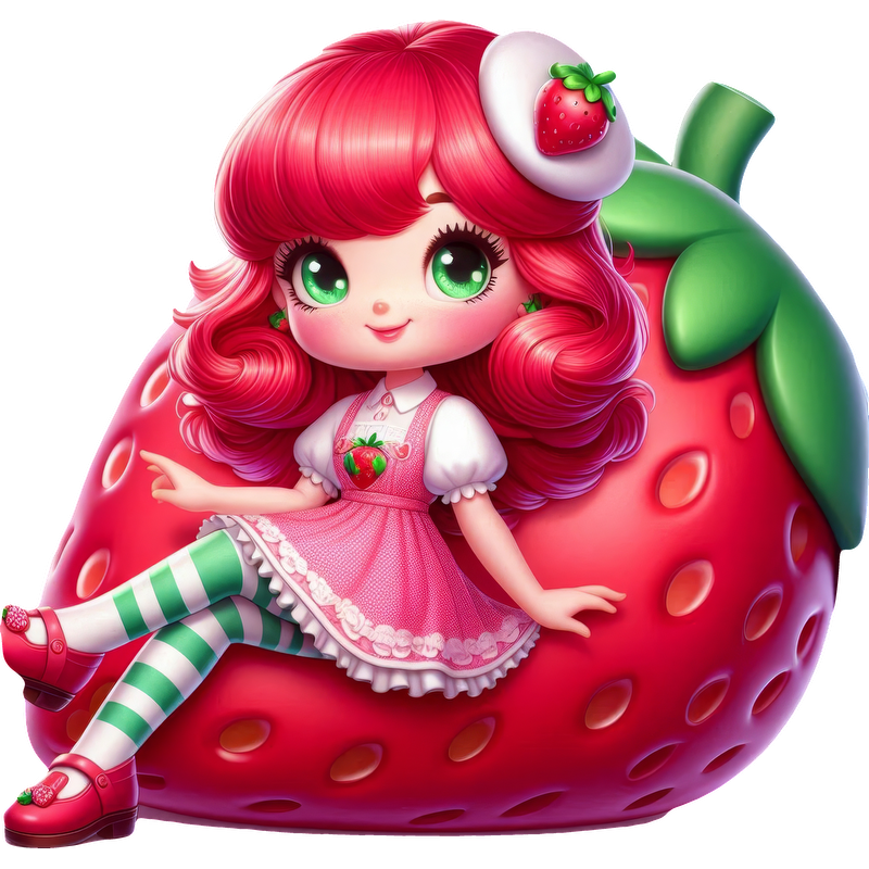 Meet a charming strawberry-themed character with vibrant pink hair, big green eyes, and a playful outfit, sitting on a giant strawberry!DTF Transfers