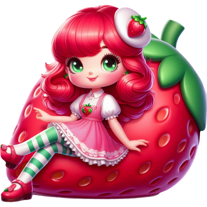 Meet a charming strawberry-themed character with vibrant pink hair, big green eyes, and a playful outfit, sitting on a giant strawberry!DTF Transfers