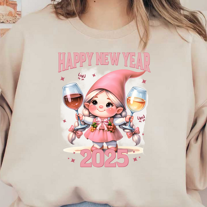 Celebrate the New Year 2025 with this adorable cartoon gnome girl, joyfully holding glasses of wine!DTF Transfers dtf prints