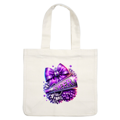 A vibrant cheerleader design featuring a megaphone adorned with the word "CHEER," complemented by a purple bow and colorful pom-poms.DTF Transfers heat press transfers