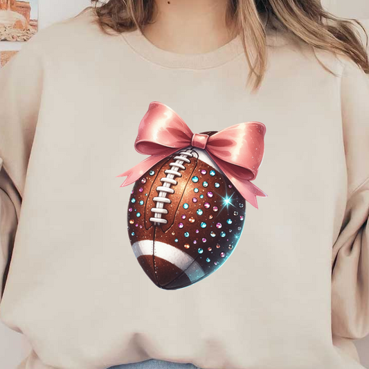 Un balón de fútbol decorativo adornado con diamantes de imitación de colores y un gran lazo rosa, que combina estilos deportivos y divertidos.