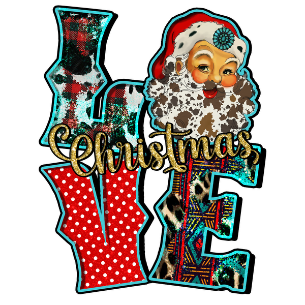 Festive design featuring a cheerful Santa and colorful letters spelling "Love Christmas," blending different textures and patterns. dtf prints