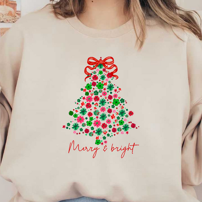 Festive floral Christmas tree adorned with a cheerful red bow and "Merry & bright".DTF Transfers