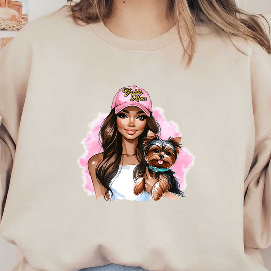 "Yorkie Mom: Cute girl with a Yorkshire Terrier and a stylish pink cap."DTF Transfers
