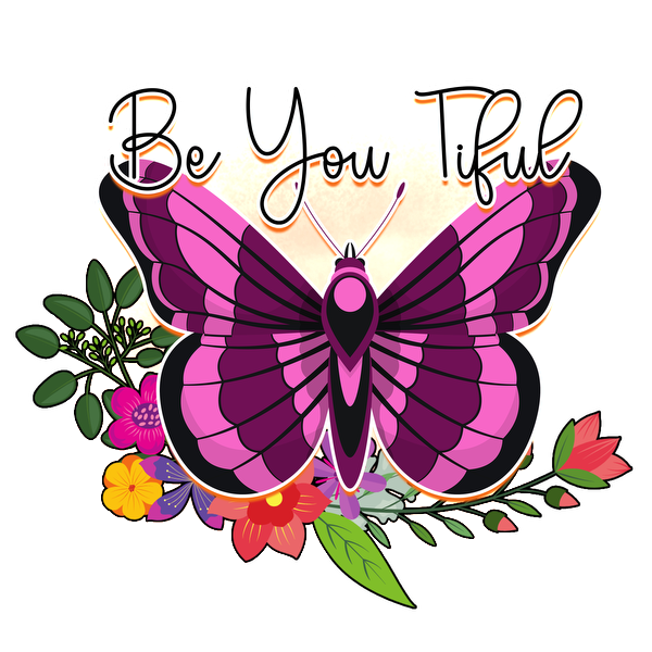 Abraza tu singularidad con este vibrante diseño de mariposa morada adornado con flores coloridas y el mensaje inspirador "Sé feliz".