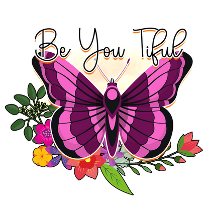 Abraza tu singularidad con este vibrante diseño de mariposa morada adornado con flores coloridas y el mensaje inspirador "Sé feliz".