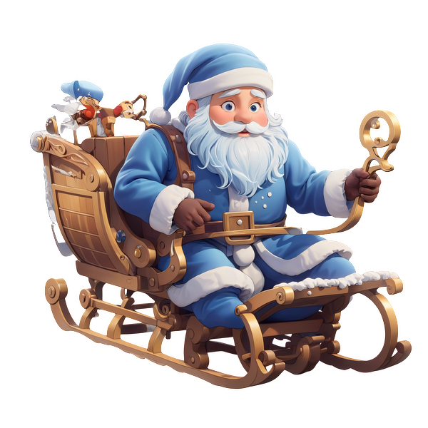 A cheerful Santa Claus in a blue outfit sits in a wooden sleigh, ready for holiday adventures with his helper.DTF Transfersdtf regular iron